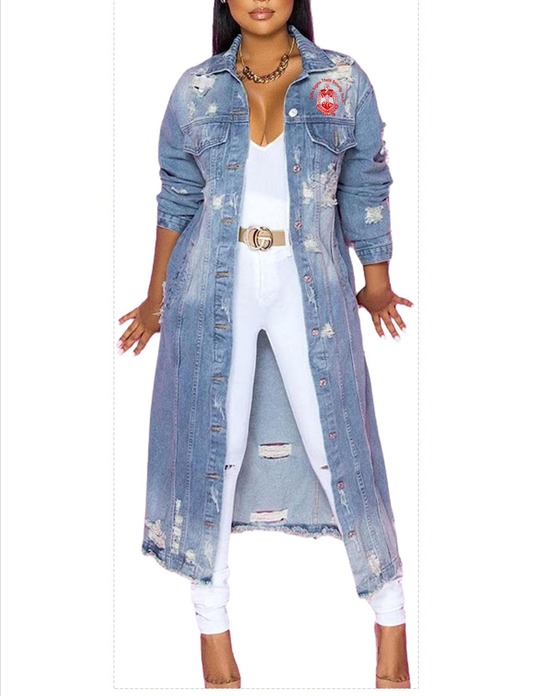 Delta Distressed Long Denim Jacket (Light Blue)