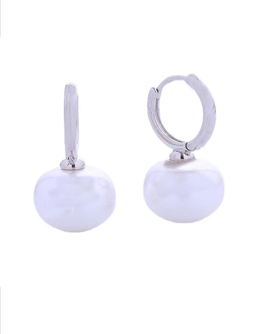 AKA 14k Dangling Pearl Huggie Earrings (White Gold)